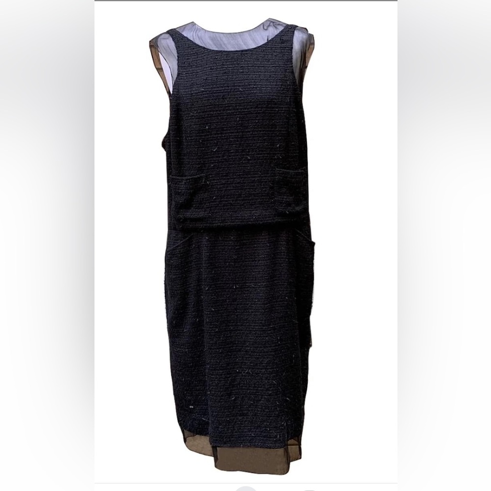 Chanel Little Black Sleeveless Dress Chiffon Underlay w Button Details Sz FR 38‎